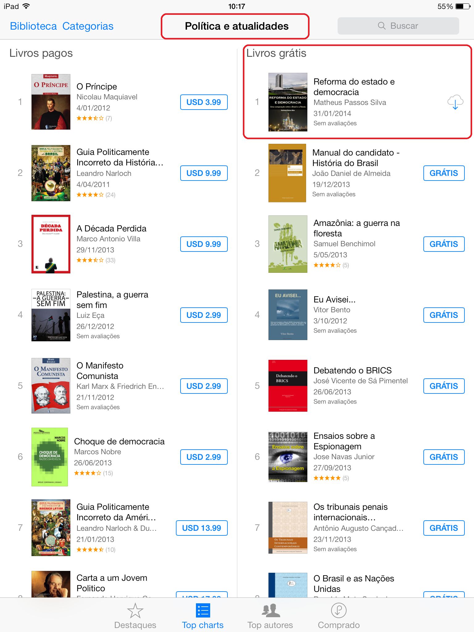 Nº 1 em downloads na iBooks Store na categoria "Política e atualidades"